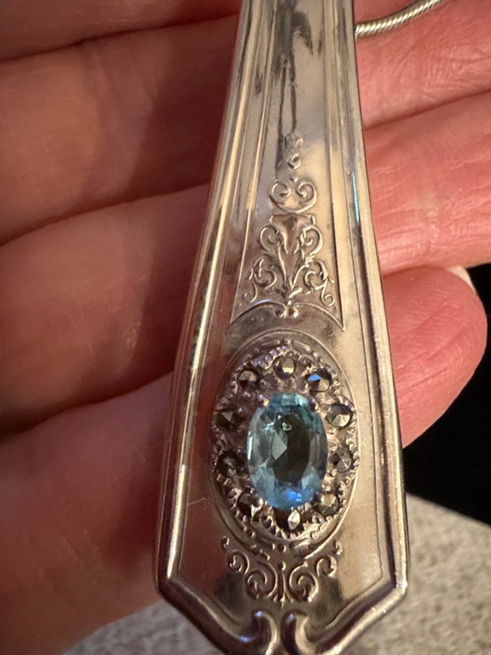 Silver Teardrop Pendant Necklace with Blue Stone Accent - Picture 5 of 5